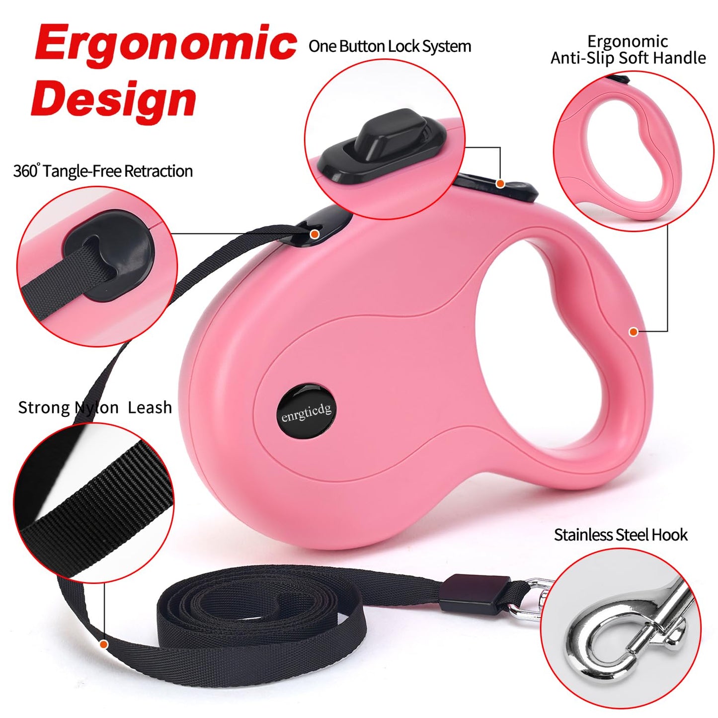 enrgticdg 16Ft Retractable Dog Leash,Light Weight Leash for Small to Medium Dogs/Cats Up to 50lbs,Stainless Steel Spring Strong Nylon Tape, Tangle Free, One-Handed Brake.(Pink-Black)