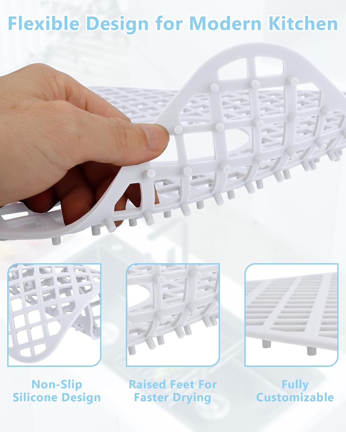 2 Pack Silicone Sink Protectors for Kitchen Sink, Lozenge Pattern 13 x 11 Inches Sink Mat, Non-Slip and Durable Sink Protector Silicone, Rear Drain, White