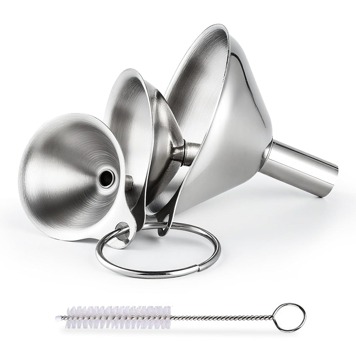 Supercenter Kitchen Funnel, Stainless Steel Mini Funnel, Set of 3, Perfect for Transferring Liquids, Oils, Powders, Spices, with Round Ring and Cleaning Brush
