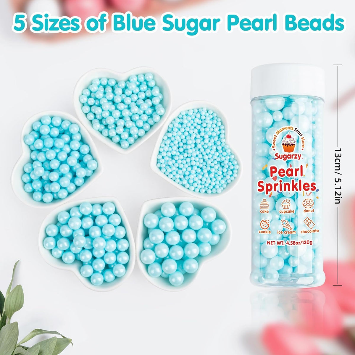 Edible Pearl Sprinkles,Blue Pearl Sugar Sprinkles,130g/4.58oz Mix Size,Baking Edible Cake Decorations, Cupcake Toppers,Cookie Decorating Donuts Ice Cream Toppings,Wedding Party Supplies