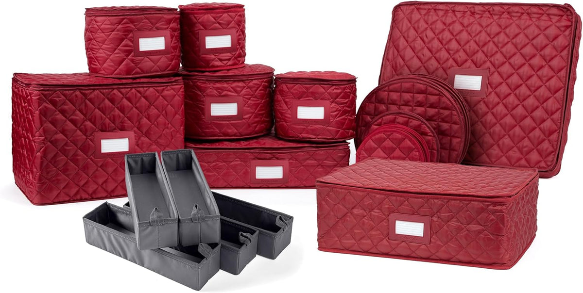 Covermates Keepsakes - Dish Storage Set - Padded Protection - ID Window - Stain Resistant - Machine Washable - China Storage, Red