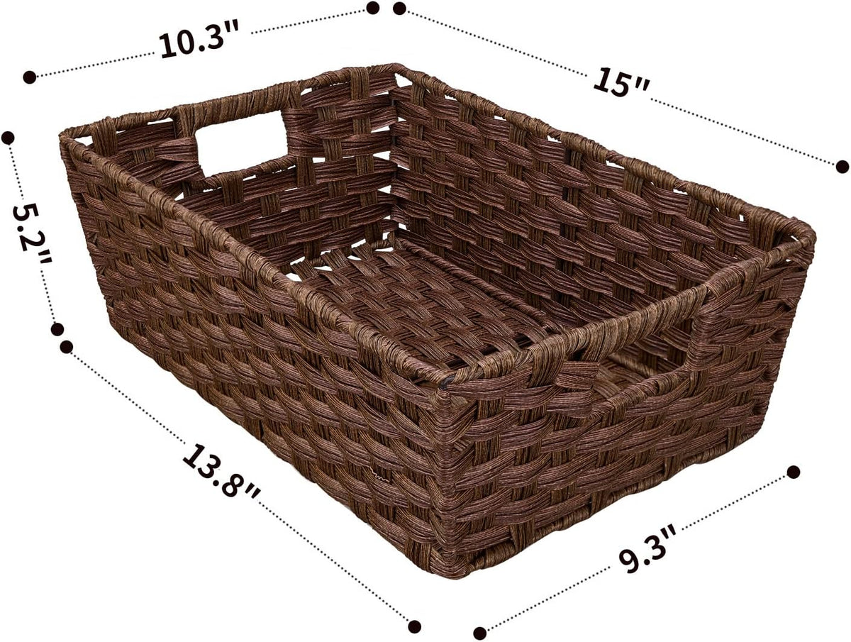 Large Wicker Storage Basket, Metal Frame, Set of 2, Washable Waterproof, 15" x 10.3" x 5.2", Brown Color, Woven Basket for Pantry, Toilet, Bathroom, Bedroom, Patio
