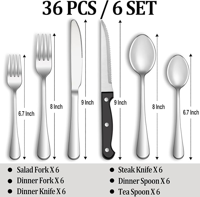36 Pcs Silverware Set with Steak Knives Service for 6,Stainless Steel Flatware Set,Mirror Polished Cutlery Utensil Sets,Home Kitchen Eating Tableware Sets,Include Fork Knife Spoon,Dishwasher Safe