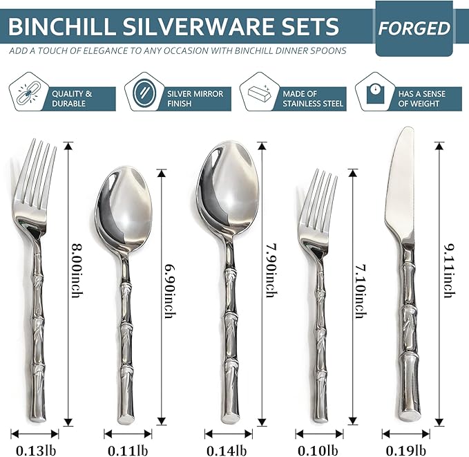 20-Piece Silverware Set with bamboo Handle,Stainless Steel Flatware Set, Modern Cutlery Set, Service for 4, Mirror Finish Dishwasher Safe