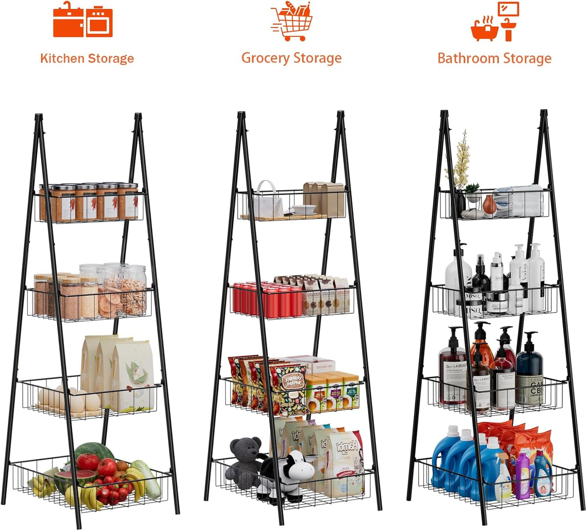 Wire Basket Stand for Kitchen and Bathroom 4 Tier Fruit Storage Basket Metal Floor Standing Vegetable Holder, Black