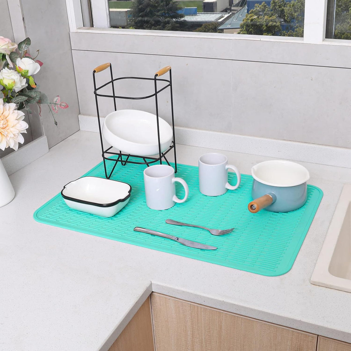 Silicone Dish Drying Mat for Multiple Usage,Easy clean,Eco-friendly,Heat-resistant Silicone Mat for Kitchen Counter or Sink,Refrigerator or Drawer Liner Mint 3XL 28 inches x 18 inches