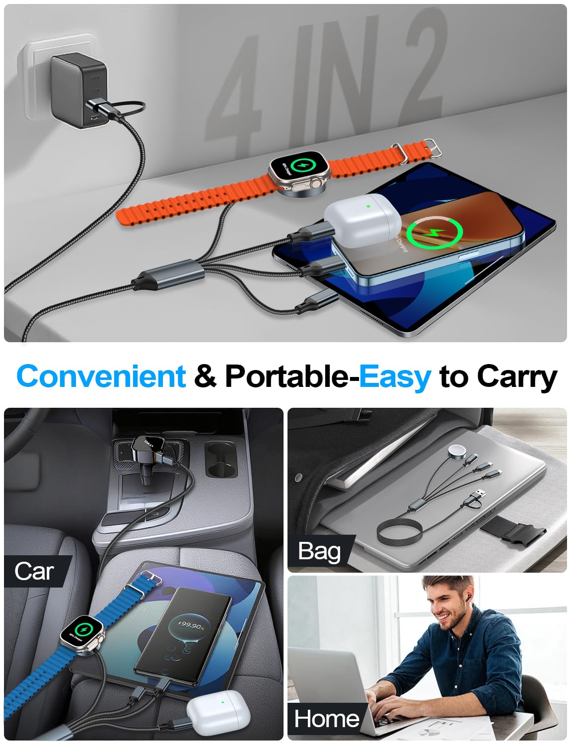 4-in-2 Multi Charging Cable for Apple Watch Charger/eBook Reader Charger