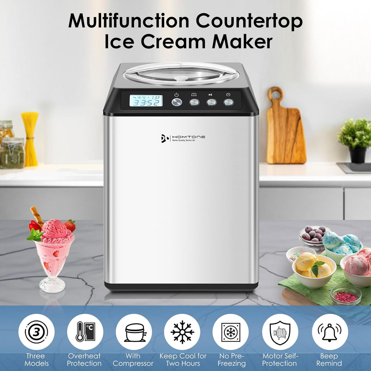 Homtone 2.64QT Ice Cream Maker with Compressor, Largest Capacity Automatic Ice Cream Maker Machine - No Pre Freezing, Gelato Maker with 3 Modes, LCD Digital Display, All Stainless Steel, 2H Keep Cool