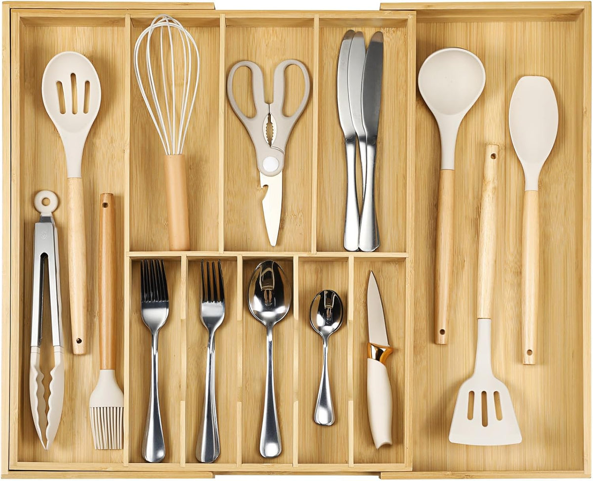 Fabsome Silverware Organizer for Cabinet Drawer, Expandable from 16.7'' to 30'' Wide Bamboo Wood Flatware Tray for Large Kitchen Drawers, Cutlery Utensil Holder