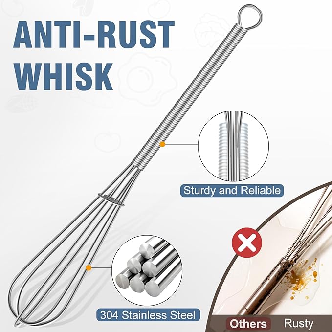 Walfos Mini Whisk,304 Anti-Rust Small whisk,Sturdy Stainless Steel Wire Tiny Whisks 6+7+8in,Ideal for mixing individual eggs, jams, spices and other small portion ingredients.(3pcs）