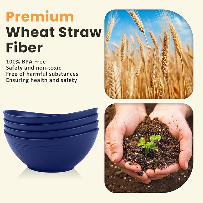 Homienly Wheat Straw Bowls, 9.6 inch Salad Bowls, Large Serving Dishes for Wedding Parties, Camping, 60 OZ Bowl Set for Salad, Popcorn, Oval Shape, Microwave & Dishwasher Safe, Set of 4, Dark Blue