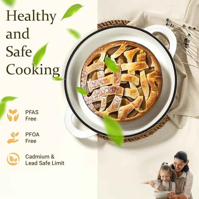 Overmont Enameled Cast Iron Dutch Oven - 5.5QT Pot with Lid Cookbook & Cotton Potholders - Heavy-Duty Cookware for Braising, Stews, Roasting, Bread Baking Pearl White