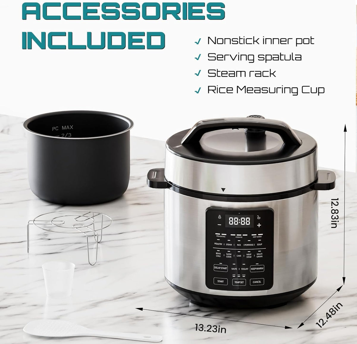 OLIXIS Electric Pressure Cooker 6 Quart Stainless Steel Multi Cooker Electric for Pressure 12-in-1 Rice, Steamer, Yogurt Maker, Slow Cook,Meat Stew, Cake, Porridge, Multigrain,SLV
