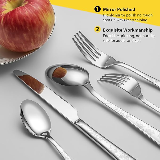40 Piece Silverware Set, Service for 8, EIUBUIE Premium Stainless Steel Cutlery Set, Mirror Polished Flatware Sets with Pattern Handle, Modern Kitchen Eating Utensils Sets