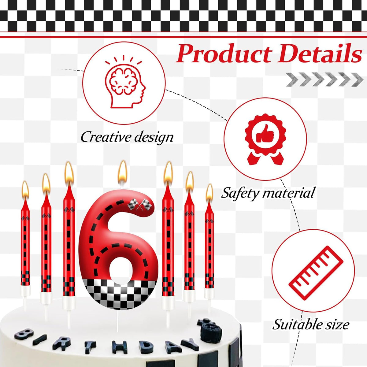 13PCS Racing Car Theme Birthday Candle Set with Checkered Flag Design - Durable Cake Topper for Race Car Party Decorations, Kids Birthday Supplies - Number 6 Candle for Racing-Themed Celebrations
