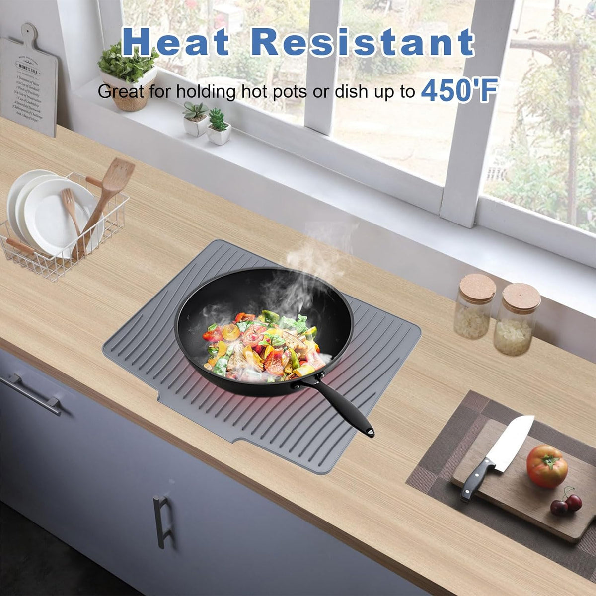 Silicone Dish Drying Mat with Drain Lip 23.6'' x 17.9'' Non-Slip Silicone Dish Drying Mat for Kitchen Counter, Heat Resistant Dish Drying Pad Quick Dry Self-draining Dish Drainer Mat Board Grey