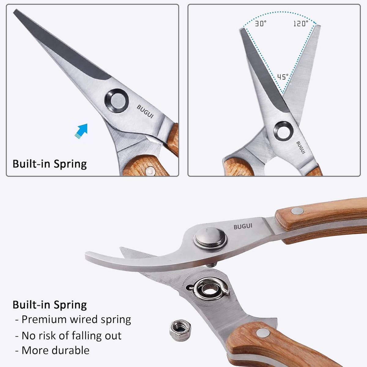 BUGUI Wood Handle Garden Shears, Long Straight Tip, All Steel Construction, Sharp, Well Designed Garden Scissors, 8"