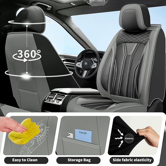 Fit Versa Car Seat Covers Compatible with Nissan Versa 2008-2025 2026 - Premium Leather， Waterproof Breathable， All-Weather Seat Cushion Protecto&Airbag Compatible (2 Front Seat Gray&Black)