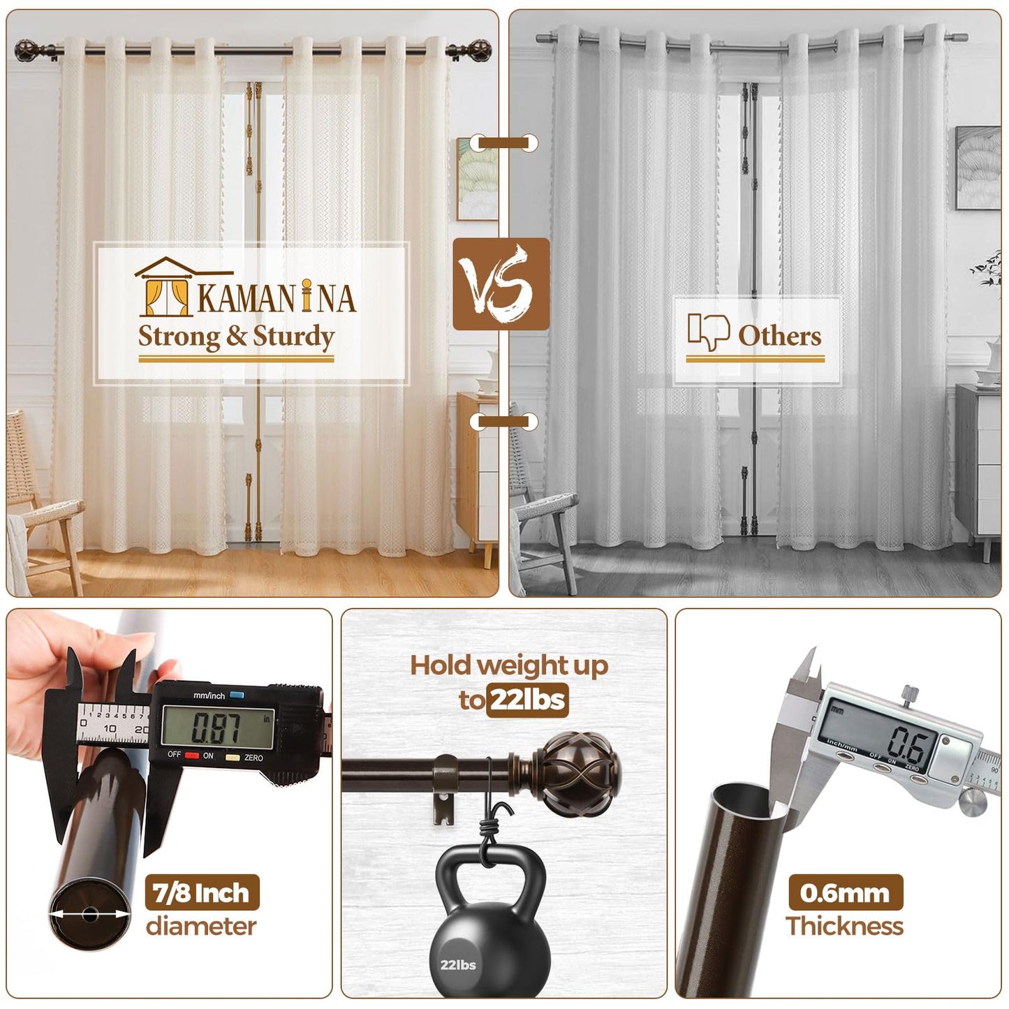KAMANINA Curtain Rods for Windows 72 to 144 Inch, Long Heavy Duty, Bronze