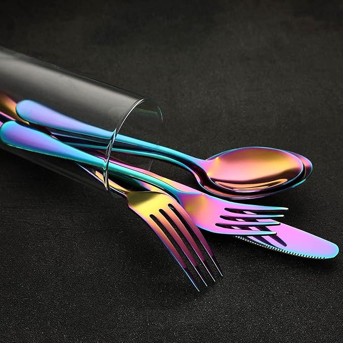 Rainbow Silverware Set Flatware Cutlery - 40 Pieces Stainless Steel Colorful Utensils, Tableware Set Service for 8, Include Knife/Fork/Spoon, Reusable, Mirror Polished, Dishwasher Safe