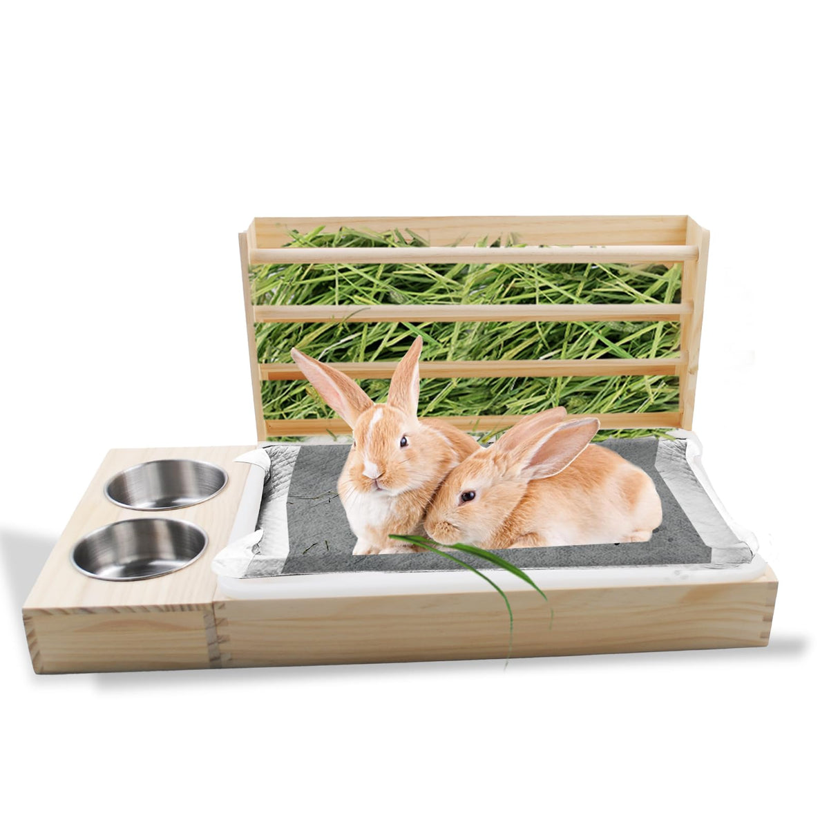 MUYG Rabbit Hay Feeder with Litter Box, 3 in 1 Wooden Bunny Feeder, Small Animal Hay Holder Rack for Rabbit, Guinea Pig, Hamster, Ferrets