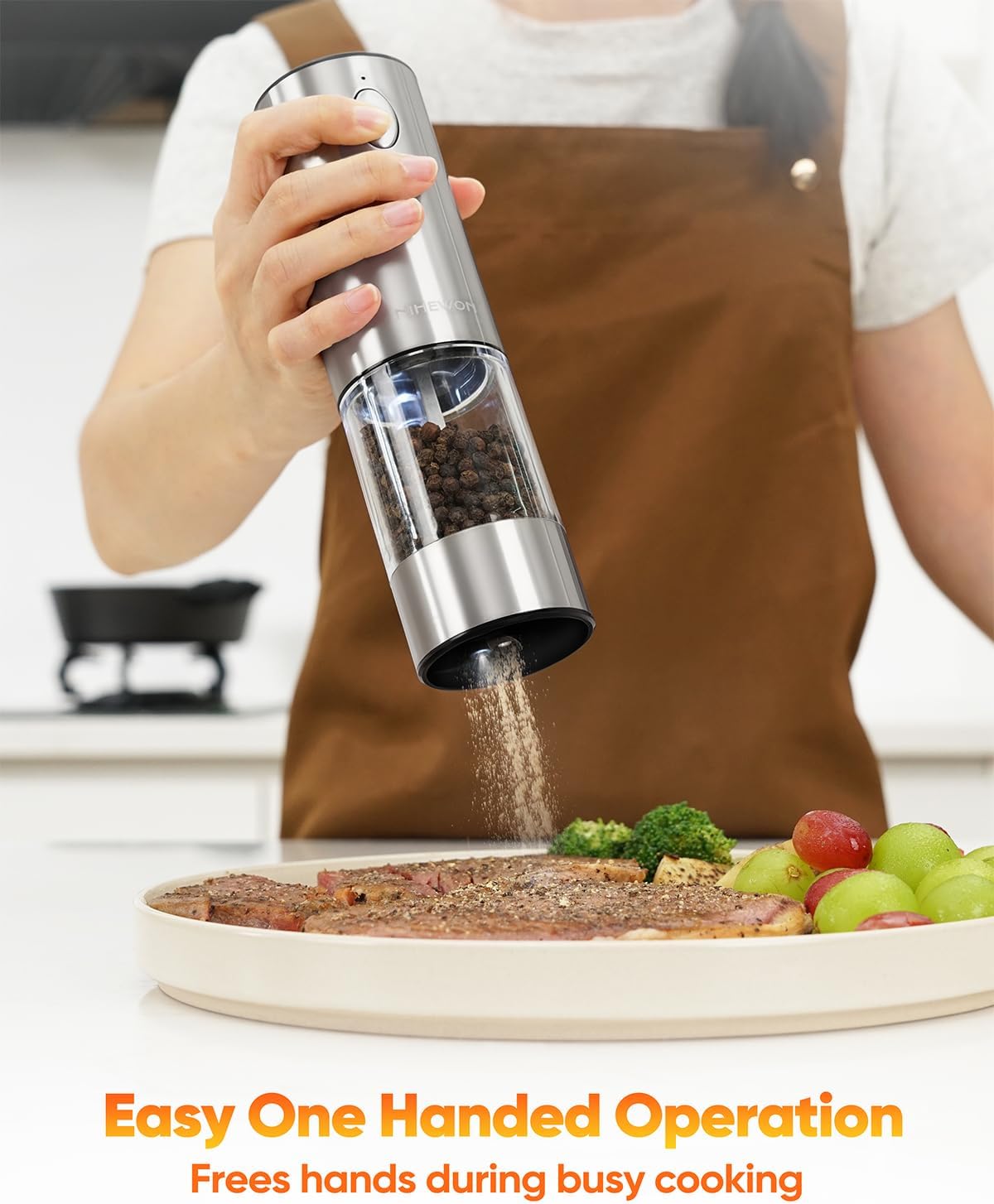 Electric Salt and Pepper Grinder Set Rechargeable, Automatic Salt and Pepper Grinder Set for Kitchen, USB Charging Base & LED Light, Adjustable Coarseness, Stainless Steel