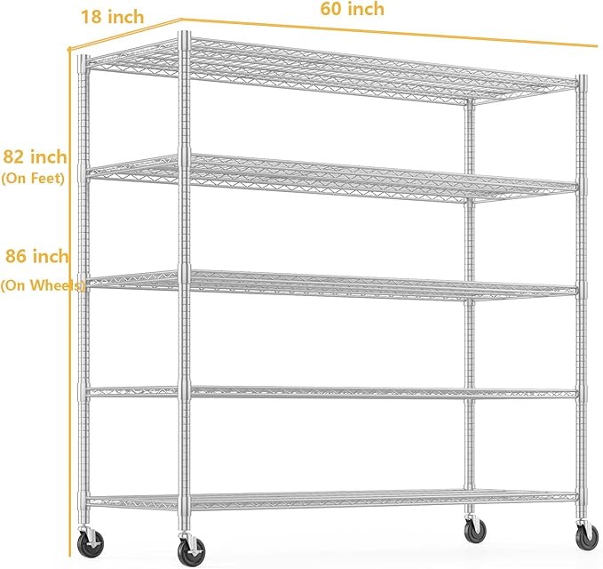 Himimi Storage Shelves with Wheels, 5-Tier Heavy Duty Steel Wire Rack Storage Shelving, Adjustable Metal Storage Shelves for Garage Kitchen Pantry Bathroom Laundry 18" D*60" W*82" H, Silver