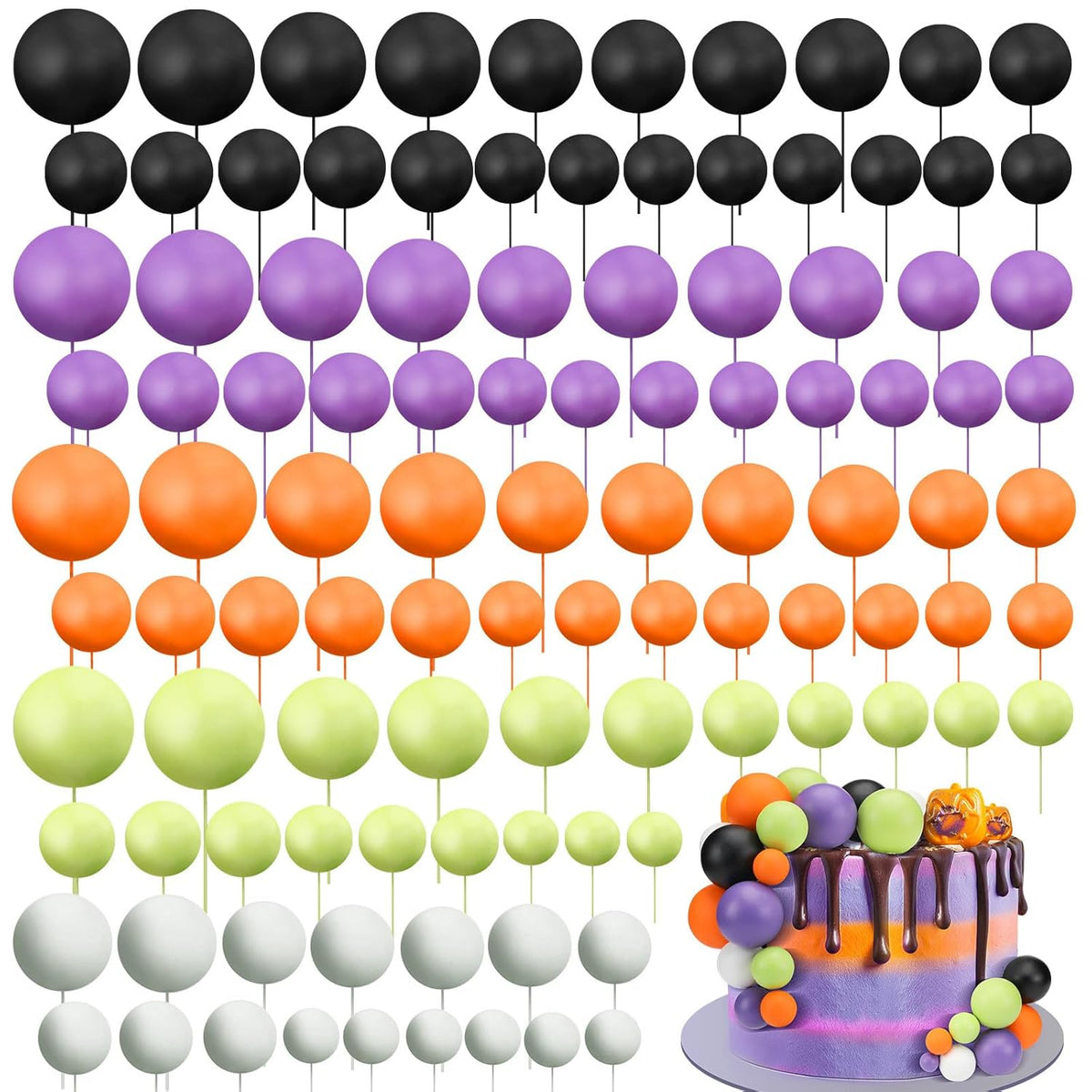 108 Pcs Balls Cake Topper DIY Cupcake Insert Foam Balloons for Cake Baking Wedding Anniversary Birthday Decoration(Purple Orange Black Green White,Multi Sizes)