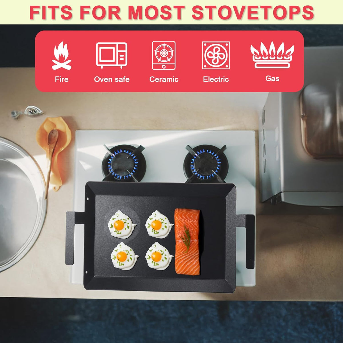 Universal Griddle Insert for Gas Grill with Handles for Stove Top Versatile Stovetop Oven, Flat Top Griddle for Induction Cooktop Gas Stove, 17.5" x 10" Non-Stick Carbon Steel