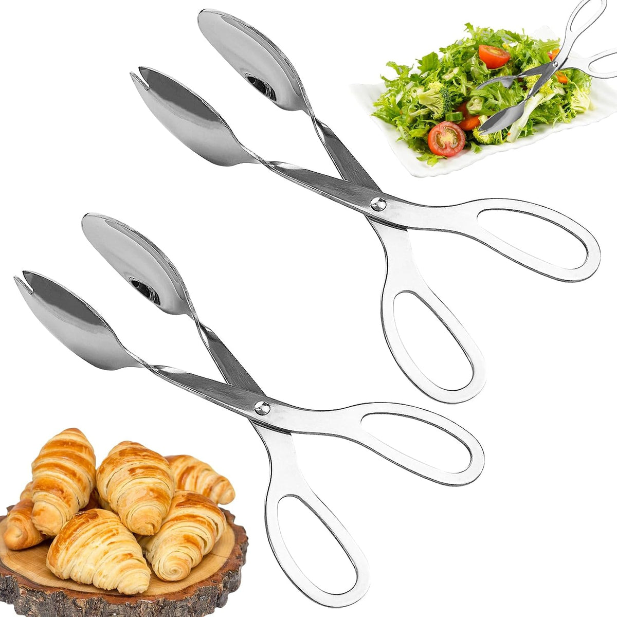 2 Pieces Salad Tongs, 8 Inch Serving Tongs, Stainless Steel Food Scissor Tongs, Buffet Tongs for Home Kitchen Party Bread Cake Bake Steak Barbecue Buffet Catering