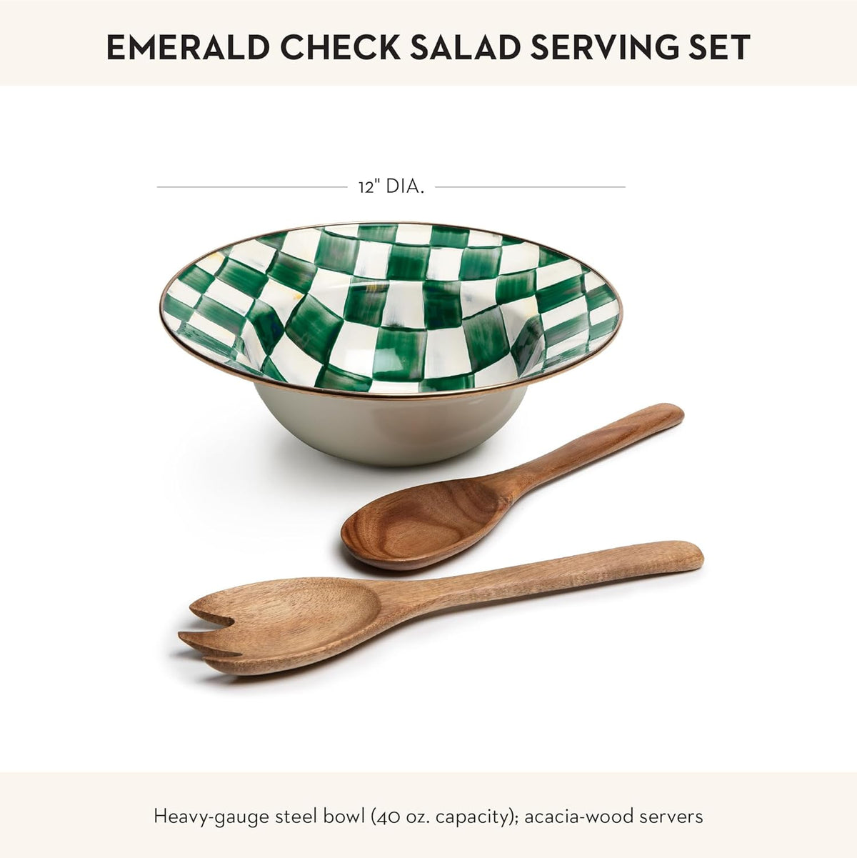 MACKENZIE-CHILDS Enamel Salad Serving Set, Enamel Bowl and Wooden Salad Servers, Decorative Kitchen Set, Green-and-White Emerald Check