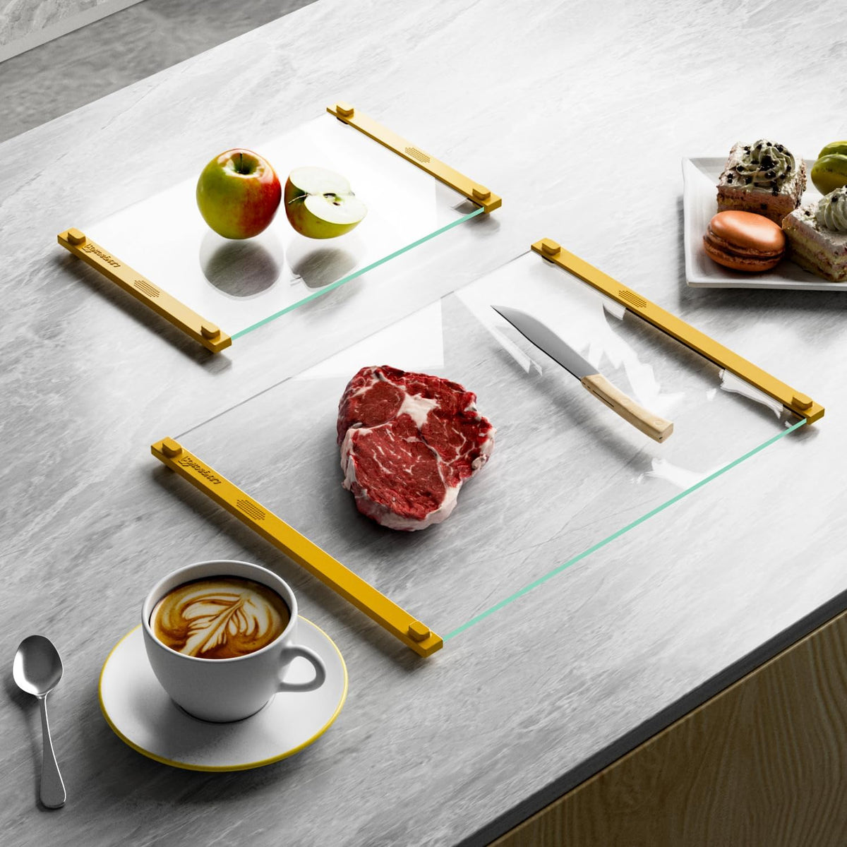 Glass Cutting Board with Silicone Grip, 80% Stronger Shatter Resistance and Slip Resistance,No Scratches/Microplastic-Free,Dishwasher Safe, Non Toxic Cutting Board for Kitchen (Yellow-12*8"&16*12")