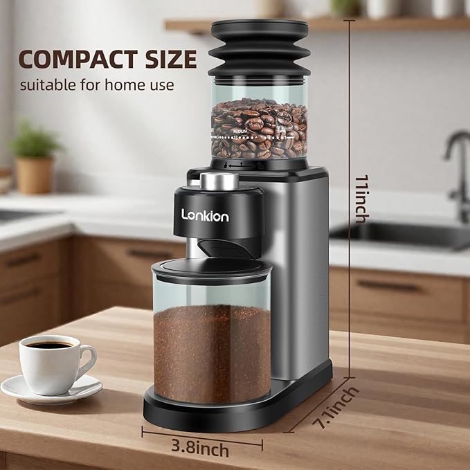 Coffee Grinder, Lonkion Conical Burr Coffee Grinder with 25 Grind Settings for 12 Cups, Home Use, Big Capacity Design, Stainless Steel