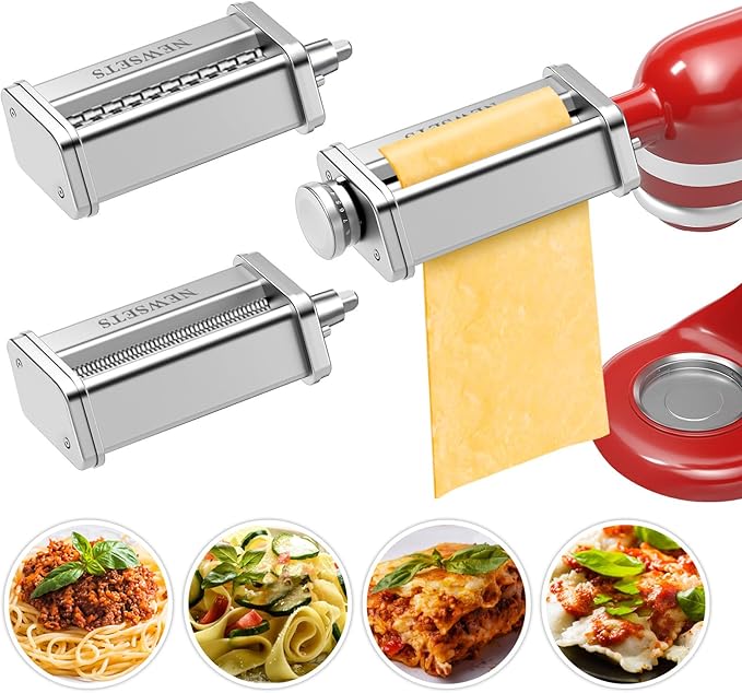 3 PCS Pasta Maker Attachments for All KitchenAid Stand Mixers, Pasta Accessories Including Pasta Roller, Fettuccine Cutter, and Spaghetti Cutter for Noodle Ravioli, 304 Stainless Steel,Cleaning Brush