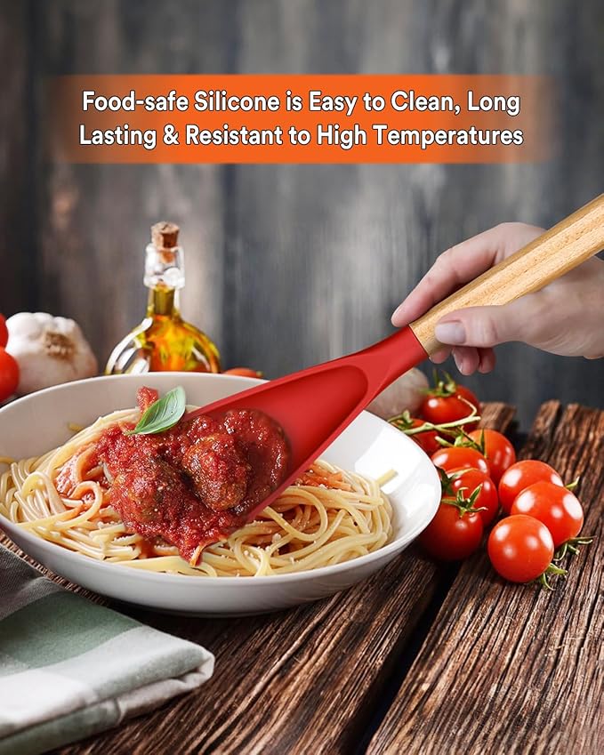 Multifunction Spatula Spoon for Nonstick Cookwares, Great for Cooking and Serving, Sturdy BPA-Free Matte Silicone, Wood Handle Spatula for Mixing, Scoop, and Scrape, Red(2 pack,11.4" & 13.4")