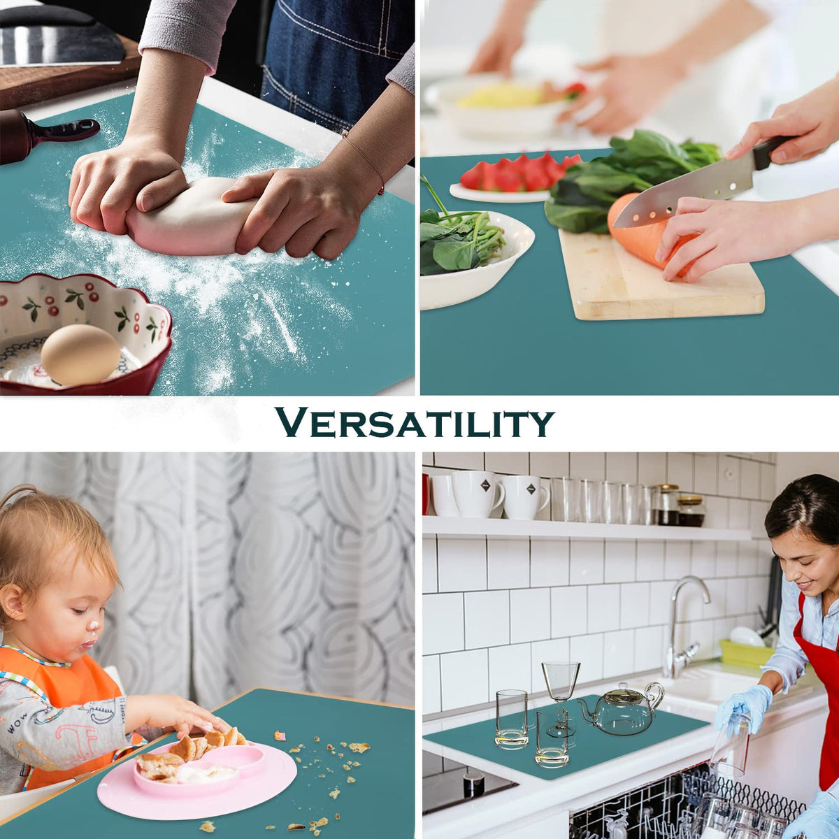 Extra Large Dark Green Countertop Mat - Silicone Table Kitchen Desk Mat - Non-Slip & Heat Resistant - Dinner Placemat Pastry Dough Rolling Mat