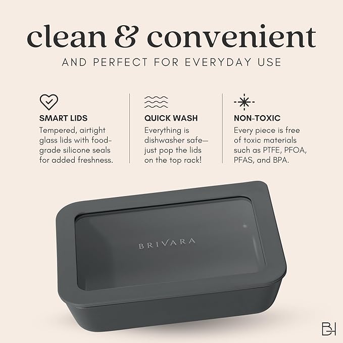 Ceramic Coated Glass Food Storage Container | No PTFE, PFOA, PFAS, and BPA | Reusable Non Toxic Meal Prep Container with Glass Lid | Easy To Store | 5 Cup Square [Onyx]