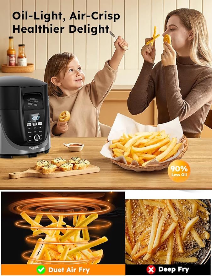 Nuwave Duet Air Fryer, Electric Pressure Cooker & Grill Combo, 540 IN 1 Multicooker with 3 Removable Lids, Slow Cook, Sautés, Dehydrator, 18/10 SS Pot, Sure-Lock Safety Tech & 13 Deluxe Accessories