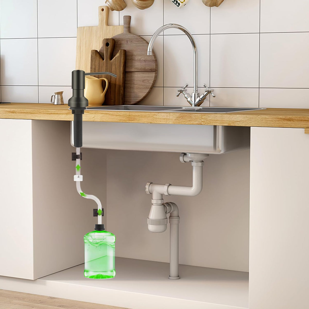 Soap Dispenser for Kitchen Sink, Sink Soap Dispenser with Longer Threaded Shaft, Stainless Steel Pump with 47" Extension Tube, Connects Directly to Dish Soap Container, Wide Pump Head Base（Gray）