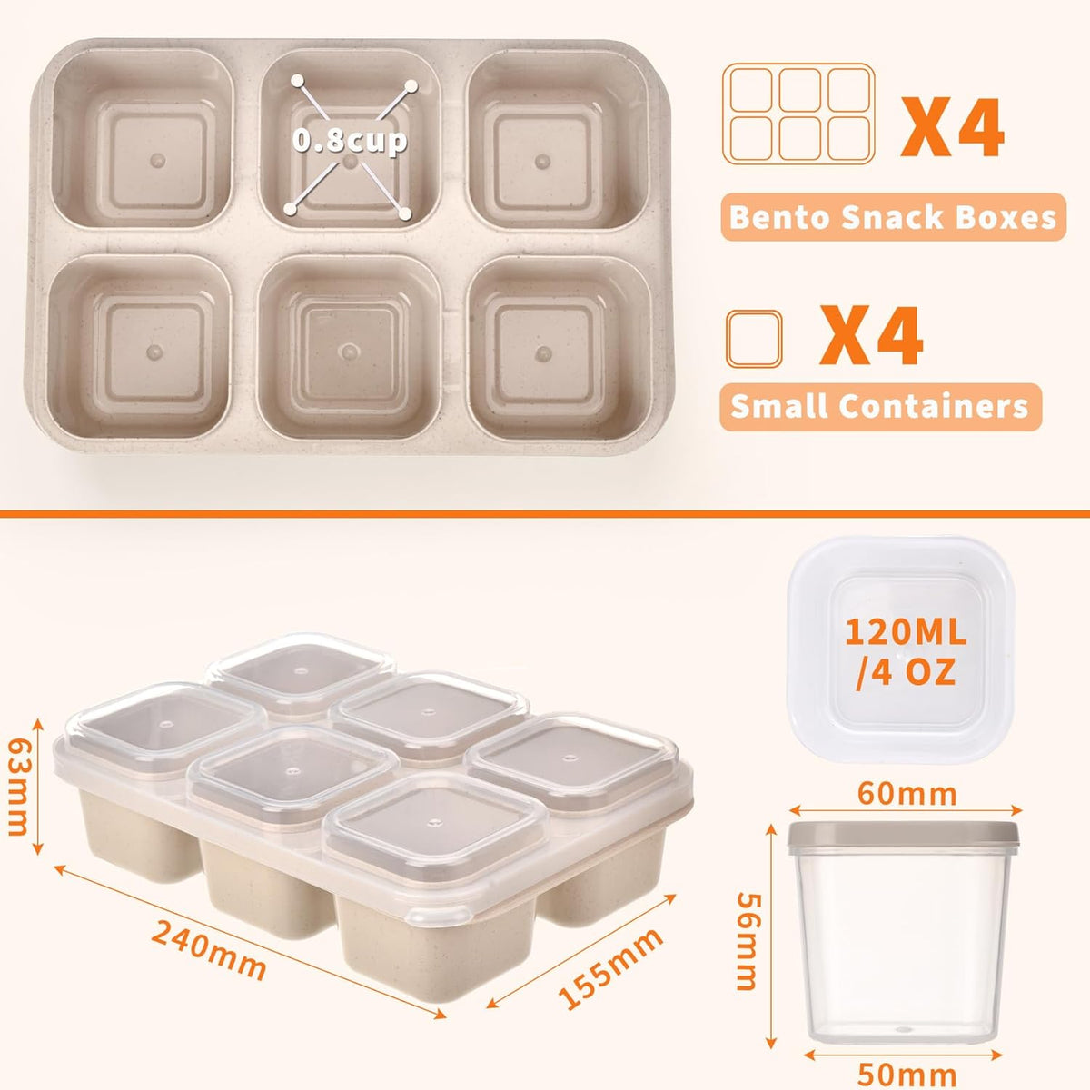 4-Pack Leakproof Bento Box & Snack Containers for Kids & Adults | 6-Compartment with 4 Sauce Cups | Ideal for School, Office, Picnic & Travel (38oz/1100ml) (Pink/Beige/Orange/Green)