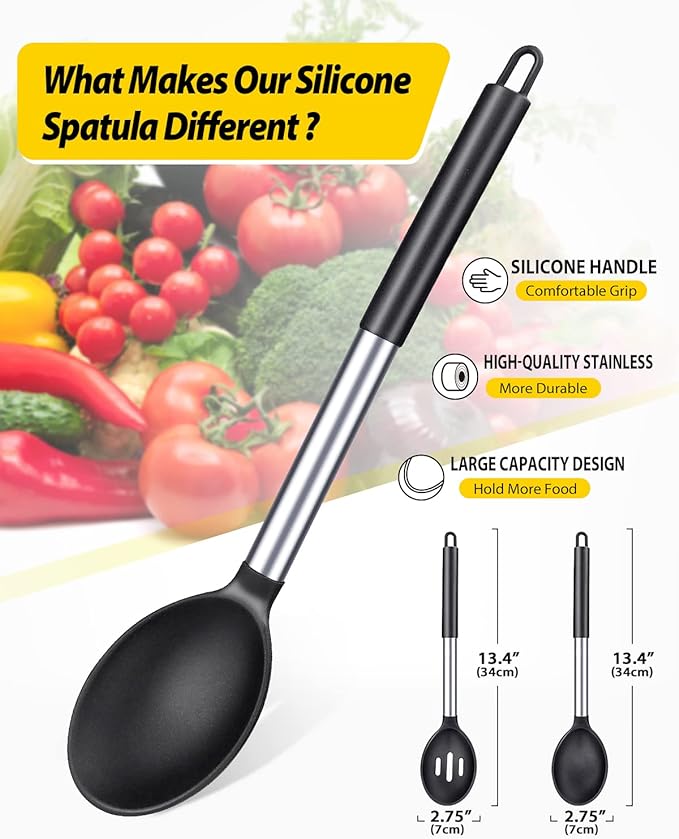 Pack of 2 Large Silicone Cooking Spoons,Non Stick Solid Basting Spoon,Heat-Resistant Kitchen Utensils for Mixing,Serving,Draining,Stirring (BLACK)