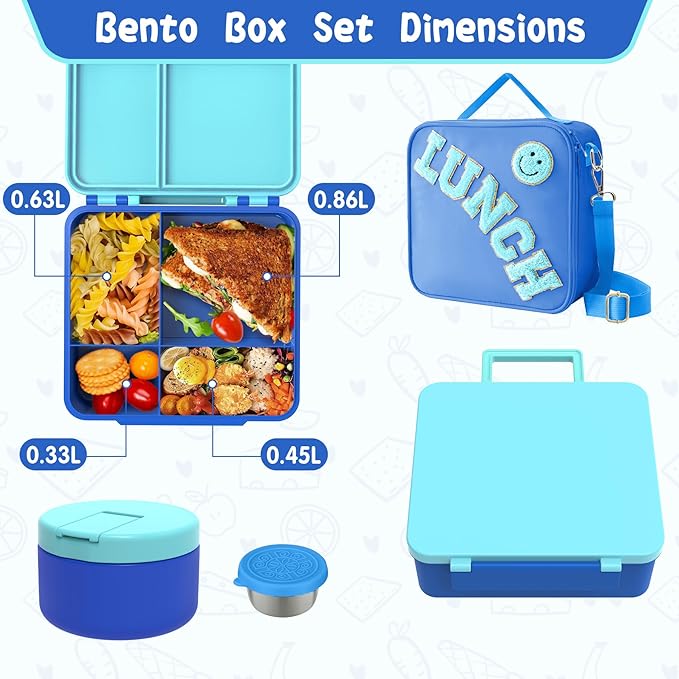 Kids Bento Lunch Box with 8oz Soup Thermo, Kids Leakproof Lunch Food Containers with 4 Compartment,Insulated Hot Food Jar with Lunch Bag for School, Travel (Blue)