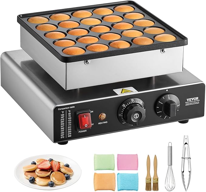 VEVOR Mini Pancake Maker, 25PCS 43mm Diameter Dutch Muffin Waffle Baker, Non-stick Stainless Steel Poffertjes Grill, Commercial Electric Dorayaki Machine, Temp & Time Control, Home Kitchen Restaurant