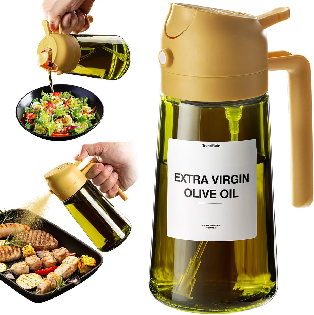 TrendPlain - Original 16oz/470ml Olive Oil Dispenser Bottle for Kitchen Gadgets and Air Fryer Accessories - Olive Oil Sprayer for Cooking w/Stickers - Yellow