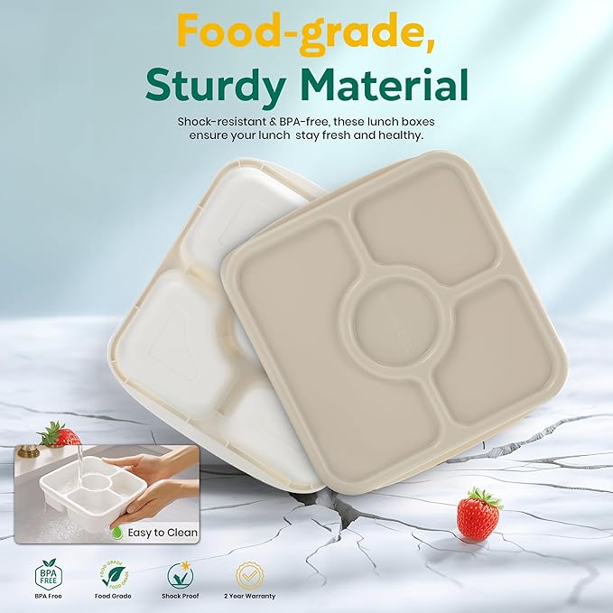 QQKO Bento Snack Box Containers for Adults Kids, Meal Prep Containers Reusuable Bento Lunch Box, Lunchable Food Storage Containers with Lids and Sauce Cups, White Brown
