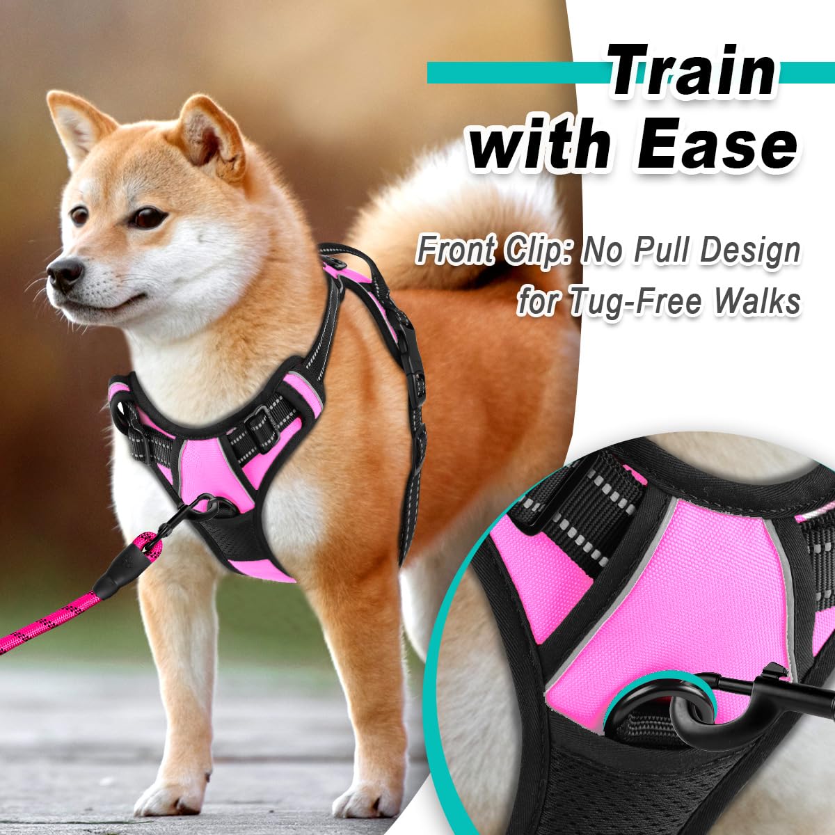 BARKBAY No Pull Pet Harness Dog Harness Adjustable Outdoor Pet Vest 3M Reflective Oxford Material Vest for PINK Dogs Easy Control for Small Medium Large Dogs (L)