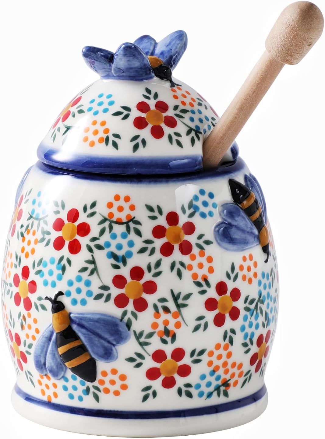 ZOOBEE 10oz Honey Jar with Dipper and Lid Farmhouse Style,Ceramic Honey Dispenser No Drip,Handpainted Honey Pot with Bees,Easily Wash-Spring Delight