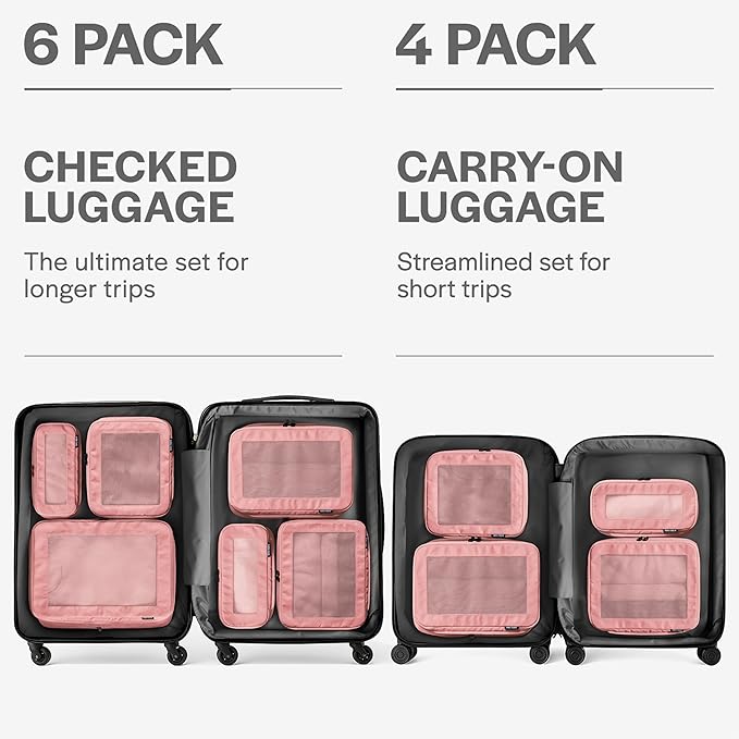 Aerotrunk Compression Packing Cubes for Travel - Luggage Organizer Bags - Double Zipper Packing Cubes for Suitcases (6-Pack, Rose)