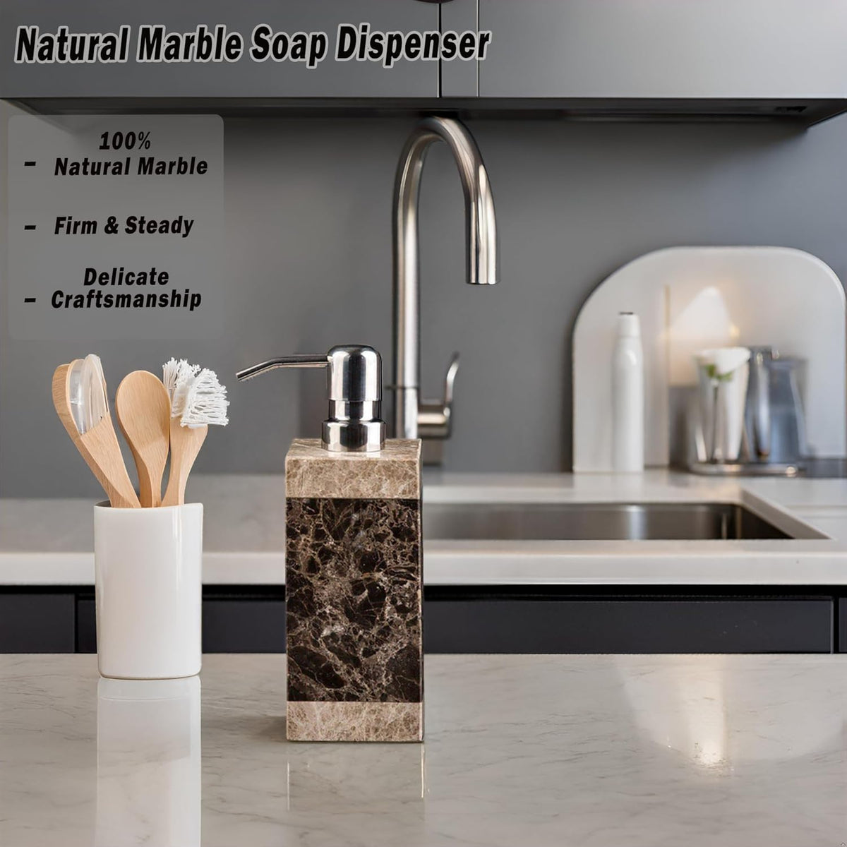 Hand Liquid&Lotion Soap Dispenser Pump Bottle Natural Marble for Kitchen Bathroom Countertop Laundry Room Holds Dish Soap Shampoo Laundry Liquid Shower Gel(Coffee Colour)