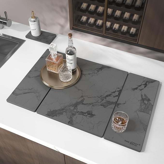 2PCS Stone Drying Mat for Kitchen Counter, Dark Gray with Black Veins Large Stone Dish Drying Mat - Diatomite Earth Water Absorbing Drying Stone for Kitchen Counter Mat, Quick Dry Stone Mat Kitchen